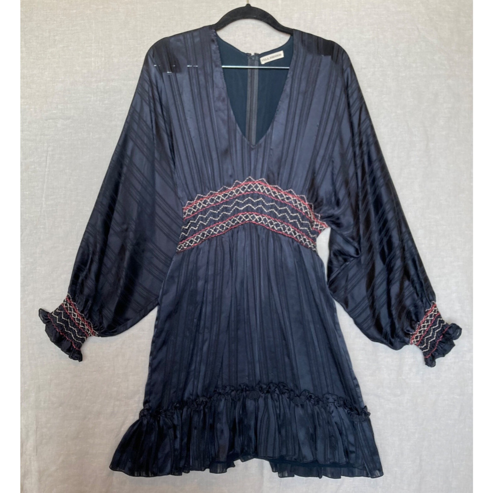 Ulla Johnson Dress Sz 2 Dark Navy Blue Almost Dark Grey Silk Long Sleeve Boho